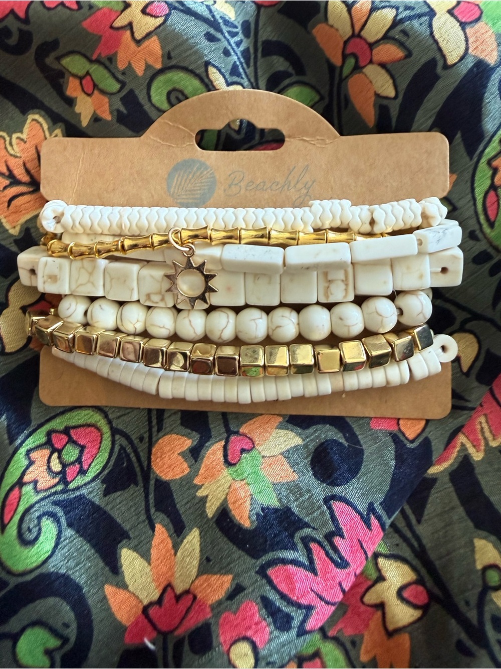 Beachly - Isla stone and gold Beaded Bracelet Stack - NWT - $45